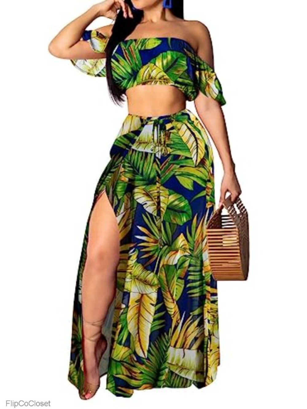 2pc Off Shoulder Maxi Skirt Set Tropical Vacation Beach Outfit
